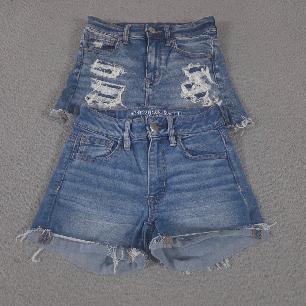 LOT OF 2 American Eagle Shorts Womens 00 Blue Hi-Rise Shortie Distressed Denim